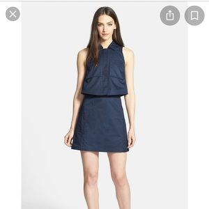 Theory Tiered Twill A-Line Dress, Navy, Worn